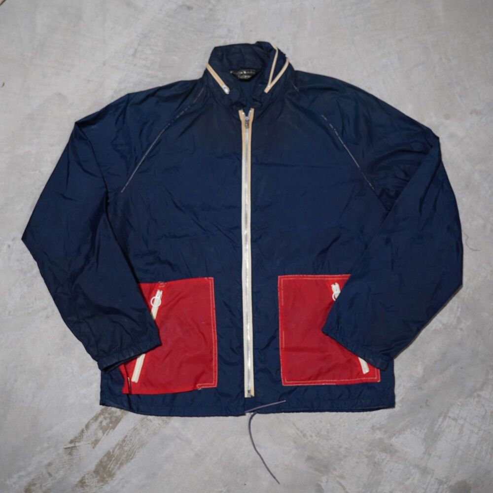 60s Sears Mens Store Nylon Jacket Mens M Navy Red Color Block Zip Windbreaker